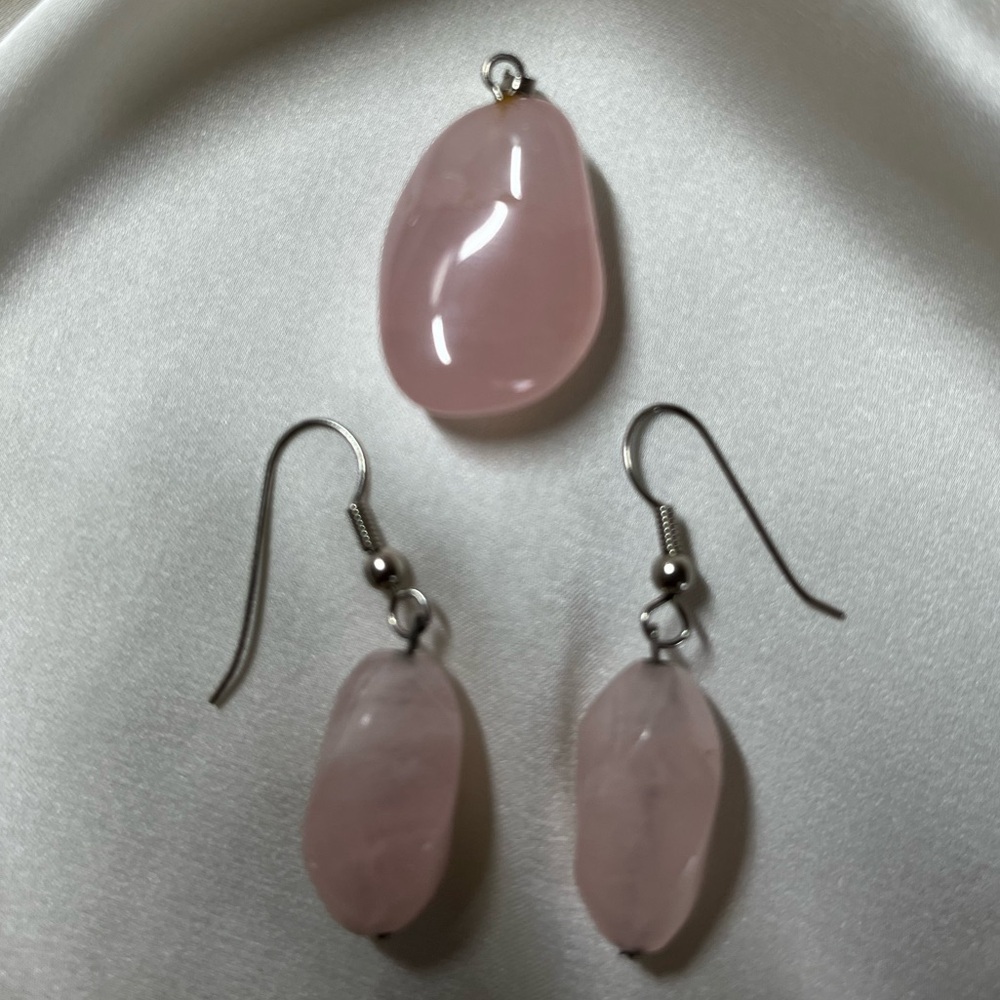Pink Natural Crystal Pendant and Earrings Set